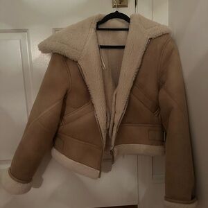 Mango Faux Shearling Aviator Moto Jacket Tan Cream